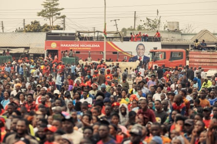 Supporters of Hakainde Hichilema and the United Party for National Development gather at an election campaign rally in Lusaka.
