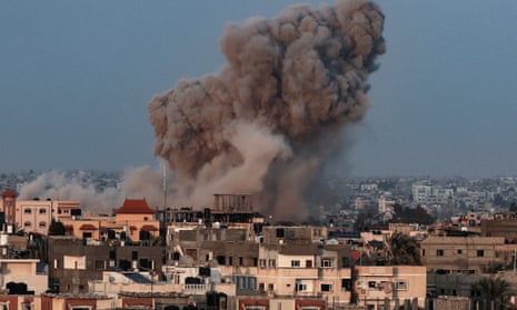 Smoke rises above buildings during an Israeli strike on Rafah in the southern Gaza Strip on Saturday