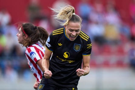 Fridolina Rolfö of Manchester United celebrates scoring at Atlético Madrid in October.