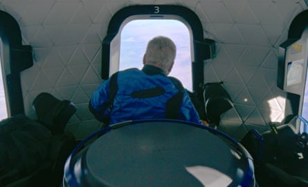 William Shatner aboard Blue Origin's New Shepard rocket after launch near Van Horn, Texas, on October 13, 2021.