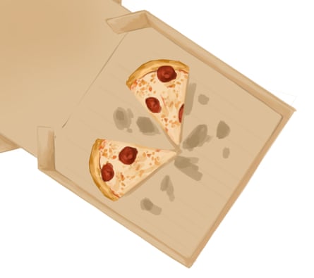 Ilustração de uma caixa de pizza com duas fatias de pepperoni e uma quantidade absurda de queijo. Também apresenta algumas manchas de gordura.