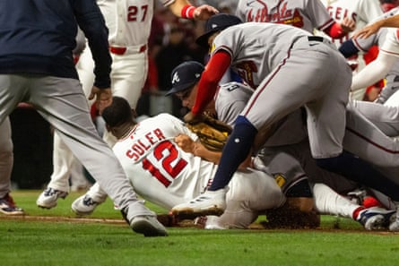 Teammates tackled Jorge Soler to the ground.
