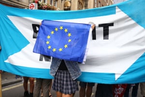 A protester hold up an EU flag in front of a Brexit now banner