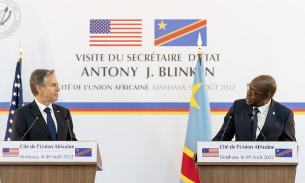 The US secretary of state, Antony Blinken, speaking alongside DRC foreign minister Christophe Lutundula, in Kinshasa on Wednesday.
