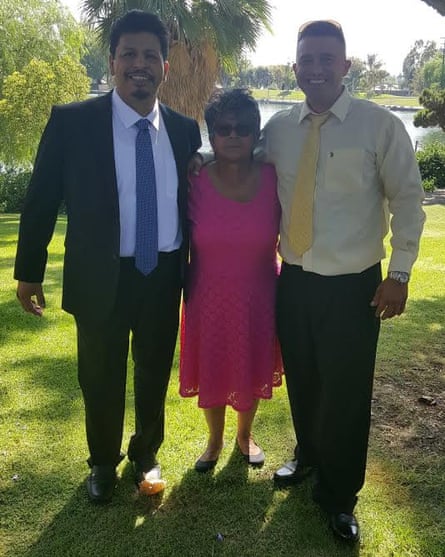 Nicolas Sanchez (right) with childhood friend Vincente Mata on left and Vincente’s mother in the middle.