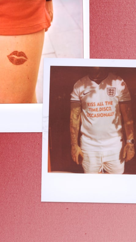 A collage of two Polaroid-style photos on a pink glitter background. One close-up shows a lipstick kiss tattoo on the upper thigh of a fan wearing red shorts. The other shows a person in a white England football shirt with the slogan “KISS ALL THE TIME. DISCO, OCCASIONALLY” printed across the front.