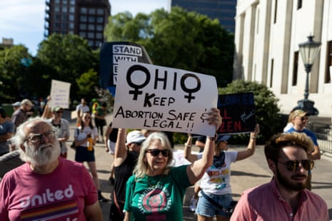 Abortion rights protesters rally in Columbus, Ohio, after the supreme court overturned the landmark Roe abortion decision on 24 June 2022.
