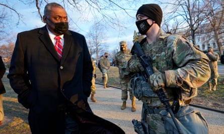 The US defense secretary, Lloyd Austin, visits national guard troops deployed at the US Capitol on 29 January.