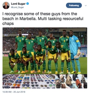 Lord Sugarâs controversial tweet featuring the Senegal squad.