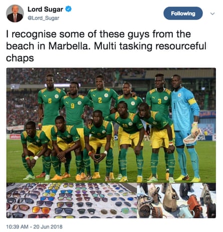 Lord Sugar’s controversial tweet featuring the Senegal squad.