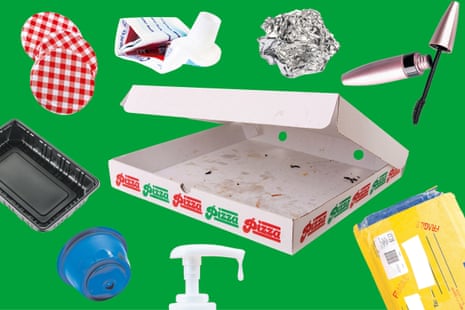 Composite image of an empty pizza box, mascara tube, jar lids, padded envelope, foil, toothpaste tube
