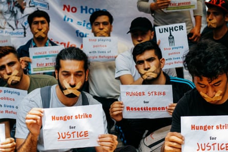 Refugees and asylum seekers holding a hunger strike in front of UNHCR offices in Jakarta.