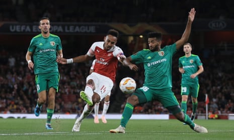 Pierre-Emerick Aubameyang scores for Arsenal in their match against Vorskla Poltava at the Emirates Stadium in September.