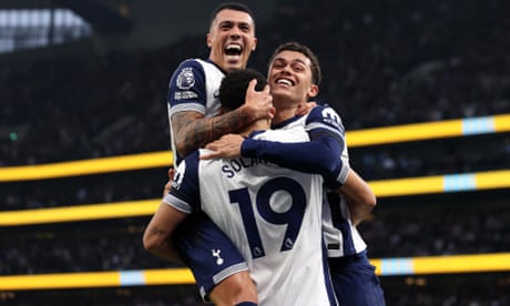Pedro Porro and Brennan Johnson celebrate with Dominic Solanke after his goal gave Tottenham the lead against Aston Villa.