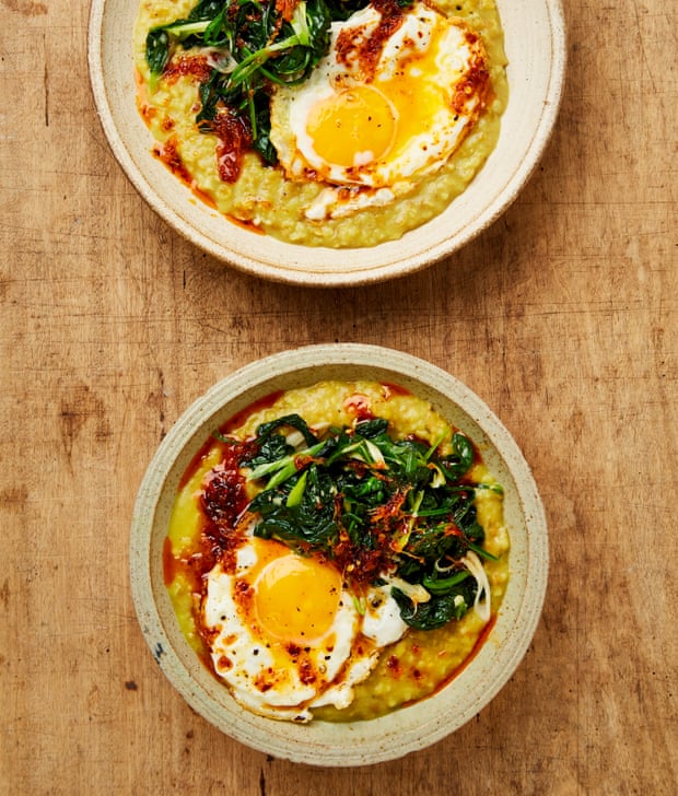 Yotam Ottolenghi’s freekeh and oat porridge with fried egg and ginger oil.