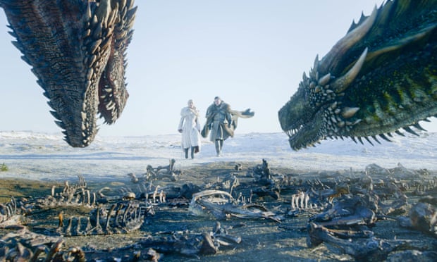 This image released by HBO shows Emilia Clarke (left) and Kit Harington in a scene from the final episode of Game of Thrones.  On Tuesday, July 16, 2019, the program was nominated for an Emmy Award for Outstanding Drama Series.  (HBO via AP)