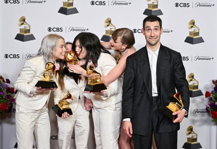 Antonoff with (from left) Phoebe Bridgers, Julien Baker and Lucy Dacus of boygenius and Taylor Swift at the 2024 Grammy Awards.