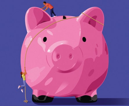 Illustration of a giant pink piggy bank, seen from the front, with a man at the top looking down, and a woman climbing up it using a rope
