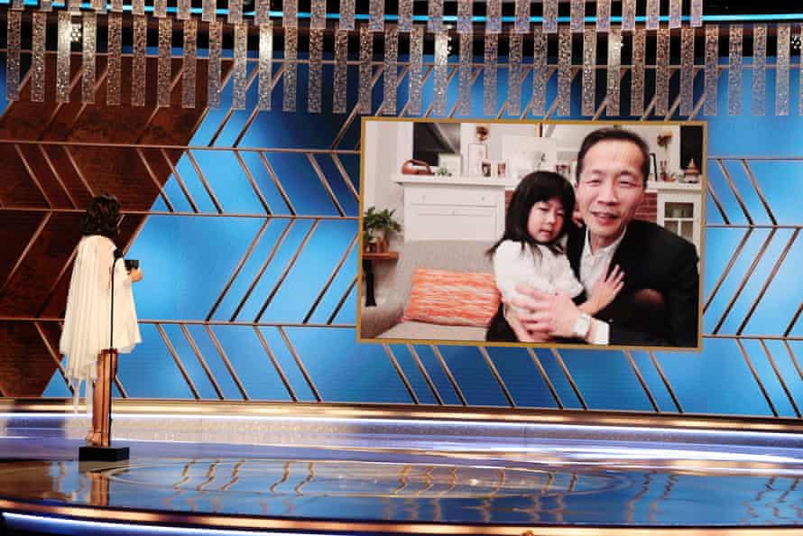 Chung at home accepting his Golden Globe last month via videolink.