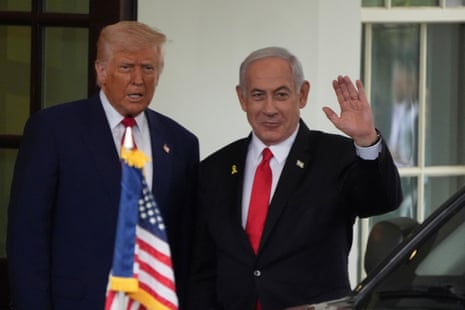 Benjamin Netanyahu is greeted by Donald Trump as he arrives at the West Wing of the White House in Washington in April 2025.