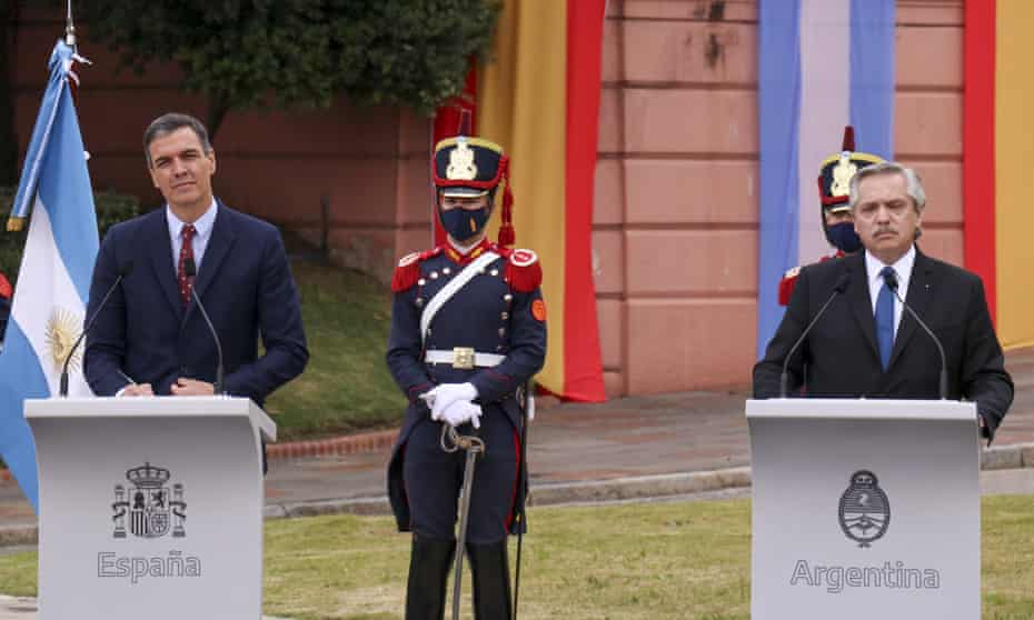 President of Argentina, Alberto Fernandez, right, and Prime Minister of Spain, Pedro Sanchez hold a joint press conference at Casa Rosada in Buenos Aires on Wednesday.