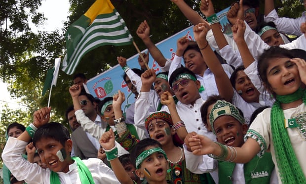 Pakistani school children take part in a protest in Karachi against India’s policies in Kashmir