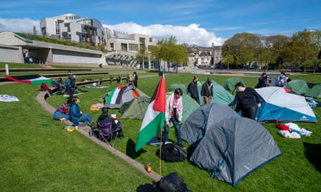 A group of pro-Palestine activists set up a camp in the grounds of the Scottish parliament, Edinburgh.