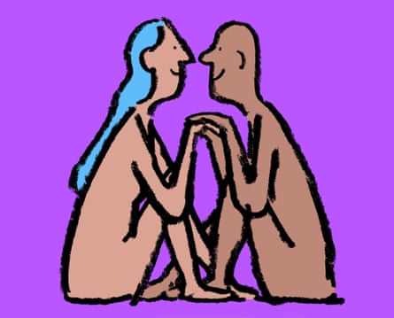 Illustration of two people sat face-to-face holding hands