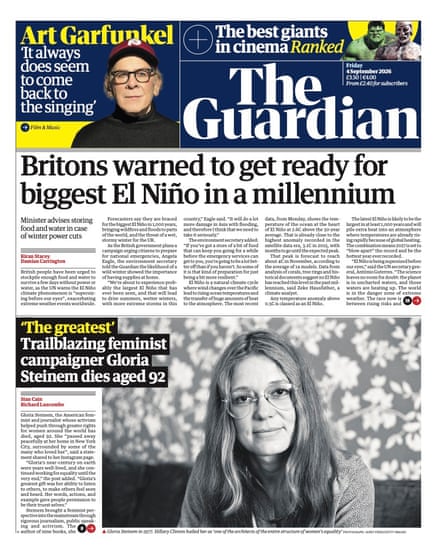 Front page of the Guardian 4 September 2026