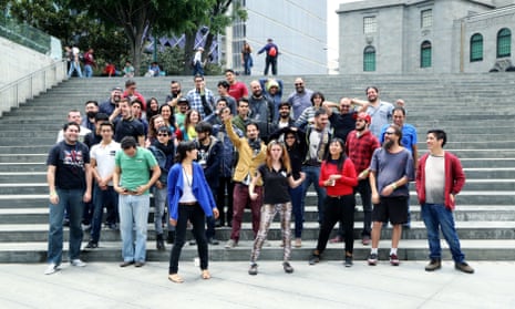 Coders and designers celebrate the end of their 48-hour hackathon at the Centro de Cultura Digital in Mexico City.