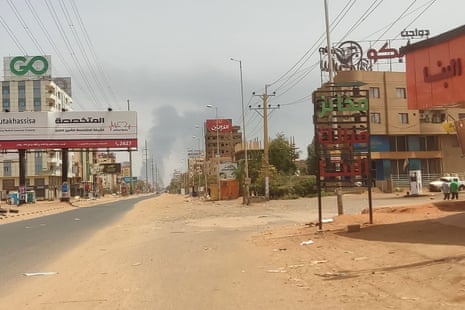 Smoke rises in the horizon in an area east of Khartoum as fighting continues between Sudan’s army and the paramilitary forces.