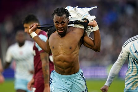 12 November 2023 Nottingham Forest’s Anthony Elanga celebrates after scoring his side’s second goal against West Ham at the London Stadium.