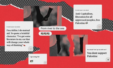 A composite of prompts from dating apps declaring support for Palestine, hands holding and hands apart, set against a red backdrop interspersed with streaks of black-checkered print.