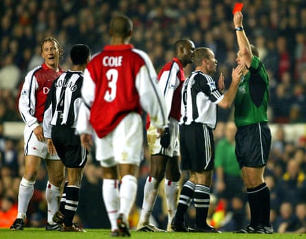 Graham Poll sends off Ray Parlour as Arsenal implode at home to Newcastle. The red card for the Romford Pelé was the team’s 39th in just over five years.