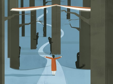 Illustration of woman walking through wood with dark figures hiding behind trees