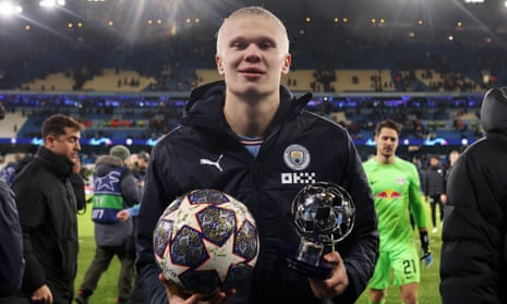 Erling Haaland with the match ball, and player of the match trophy, after his five-goal haul.