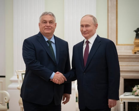 Russian president Vladimir Putin (R) shaking hands with Hungarian prime minister Viktor Orbán (L) during their meeting in the Kemlin in Moscow, Russia.