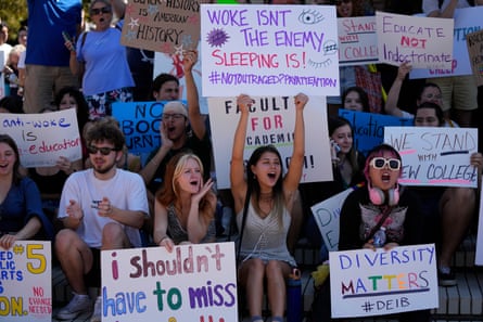 New College of Florida students and supporters protest ahead of a meeting by the college’s board of trustees in February 2023.