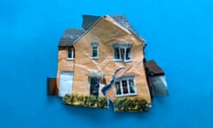 A 3D graphic of a crumpled and torn illustration of a new-build house