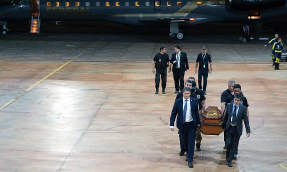 Brazilian police transport the casket carrying the recovered human remains. The police statement on Friday did not mention Bruno Pereira.