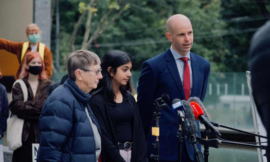 School student Anjali Sharma outside the federal court in Melbourne , with lawyer David Barndam and court guardian Sister Brigid Arthur.