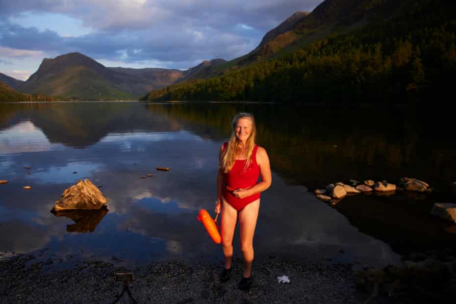 Sara Barnes in a red swimming costume