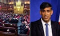 Composite image of the House of Lords on Monday and Rishi Sunak