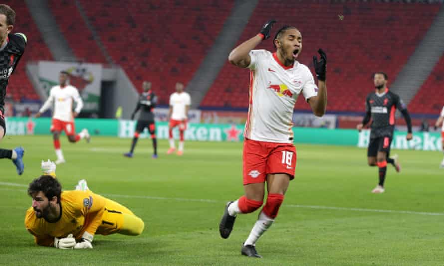 Christopher Nkunku reacts after seeing his second-half show saved by Liverpool goalkeeper Alisson.