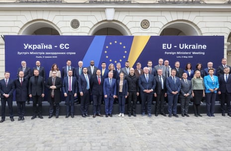 European Union High Representative for Foreign Affairs and Security Policy Kaja Kallas, Ukrainian prime minister Denys Shmyhal, and foreign ministers of European countries and Britain pose for a picture during a Ukraine-EU meeting, amid Russia’s attack on Ukraine, in Lviv, Ukraine.