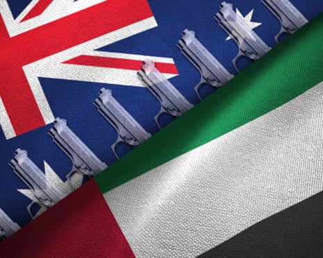 Illustration of flags of Australia and UAE with transparent guns in the centre