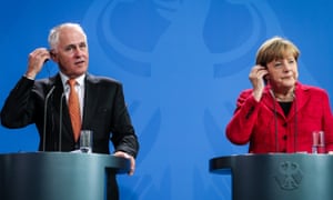 Malcolm Turnbull and Angela Merkel in Berlin. The Australians were late for their meeting. The Germans were early.