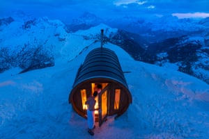 A sauna at 2,800 meters in the heart of the Dolomites at Monte Lagazuoi, Cortina, in the eastern Italian Alps