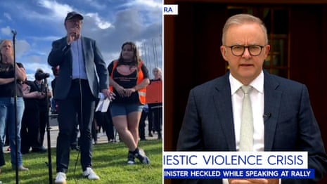Anthony Albanese responds to accusation he lied at violence against women rally – video