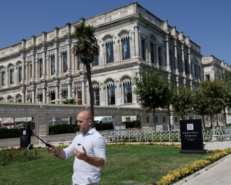 Members of the media work near Çırağan Palace, as a third round of peace talks between Russia and Ukraine is expected to be held, in Istanbul, Turkey.